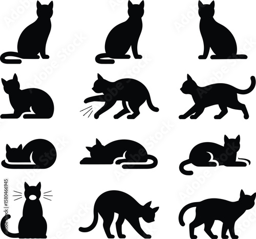 Minimal cat silhouette vector icons with simple shapes and playful poses for pet, animal, and cartoon design