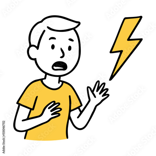 Boy Shocked by Lightning Thunderbolt. Boy Reacting, Fearful Expression, Surprised Face, Cloud Element. Hand-Drawn Doodle Style Line Vector Illustration