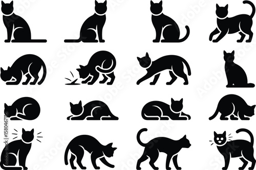 Cat and kitten silhouette vector set with playful, sitting, and stretching poses for animal and pet illustrations