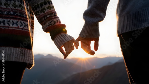 Couple holding hands at sunset in mountains romantic love relationship concept photo
