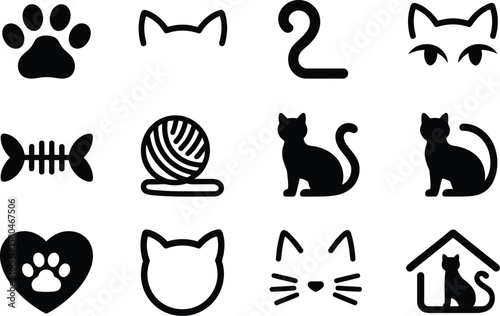 Cat icon silhouette vector set with paw, ear, tail, fishbone, yarn, heart, and house for pet and animal design