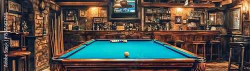 A well lit billiard room with a pool table and bar