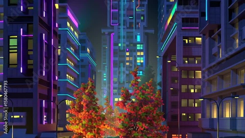 Neon-lit city at night