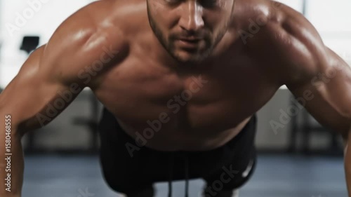 Athletic man performing push-ups in a modern gym, showcasing strength and determination, with a bright and spacious workout environment enhancing the fitness experience