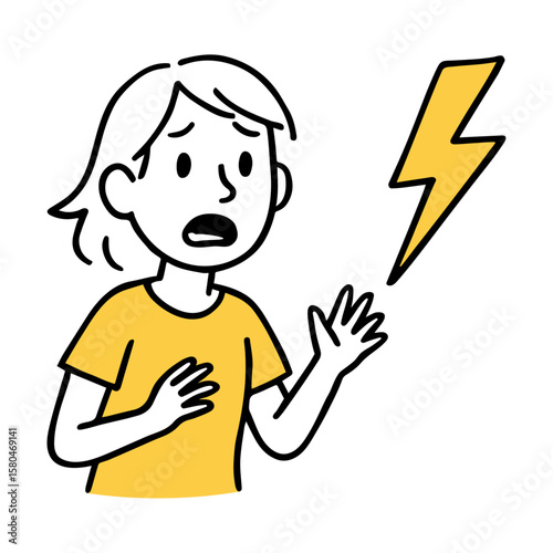 Girl Shocked by Lightning Thunderbolt. Girl Reacting, Fearful Expression, Surprised Face, Cloud Element. Hand-Drawn Doodle Style Line Vector Illustration