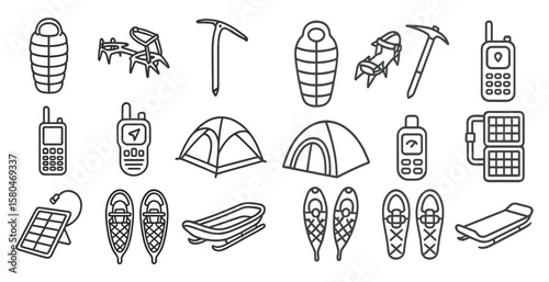Collection of camping gear and equipment, including a tent, sleeping bag, and cell phone. Concept of adventure and outdoor exploration