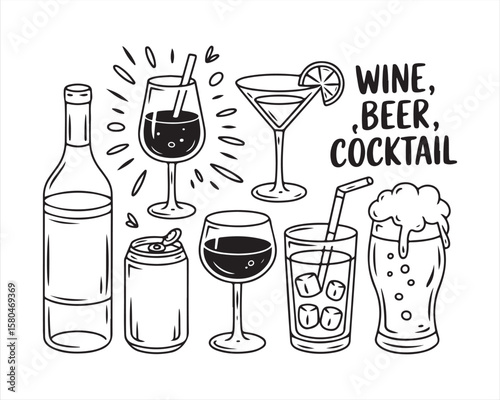 Alcohol Drink Icons – Wine, Beer, and Cocktail Vector Illustration Set