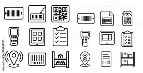 Collection of barcode related icons including a barcode scanner, a barcode reader, a barcode printer, a barcode scanner, a barcode reader, a barcode printer, a barcode scanner, a barcode reader, a b