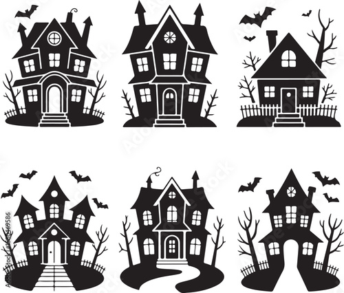 Spooky Haunted Halloween House Silhouette Vector

Scary Halloween House with Bats and Full Moon

Haunted Mansion Silhouette for Halloween Night

Creepy Abandoned House Halloween Vector Illustration

D