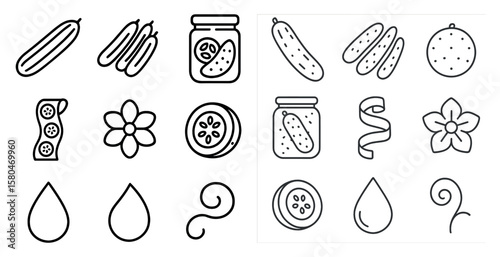 Collection of food icons including pickles, cucumbers, and tomatoes. The icons are arranged in a grid, with some overlapping and others standing alone. Scene is one of abundance and variety