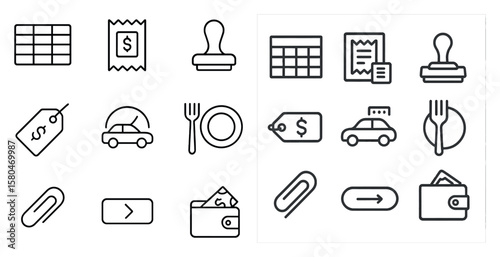 The image displays a collection of icons for a mobile app, featuring various items such as a car, fork, knife, and spoon. These icons are arranged in a grid-like pattern