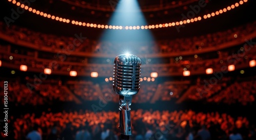 Vintage microphone on stage with audience crowd and spotlight