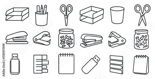 Collection of office supplies including a stapler, scissors, and a pen. Concept of organization and productivity