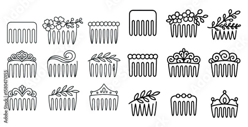 Set of hair combs with flowers and leaves. The combs are all different shapes and sizes