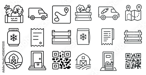 Series of icons for a farm or grocery store. The icons include a truck, a car, a box, a jar, a bag, a sign, a receipt, a map, a building, a barn, a door, a window