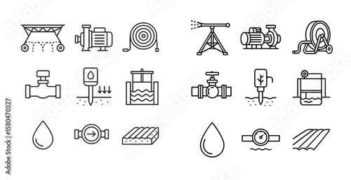 Set of industrial icons including a pump, a hose, and a water nozzle. The icons are drawn in a simple, clean style