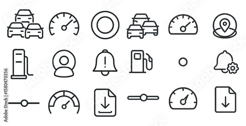 Collection of car icons including a speedometer, a gas gauge, and a bell. The icons are all in black and white