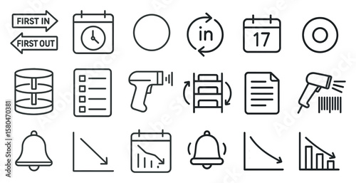Collection of icons for a calendar, including a bell, a check mark, and a clock. These icons are arranged in a grid-like pattern, with each one occupying a small space. The icons are all in black