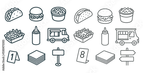 Collection of food items and utensils, including a hot dog, a taco, a hamburger, a hot dog bun, a hot dog bun with mustard, a hot dog bun with ketchup, a hot dog bun with relish,