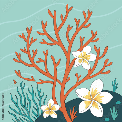 Underwater coral garden with plumeria flowers