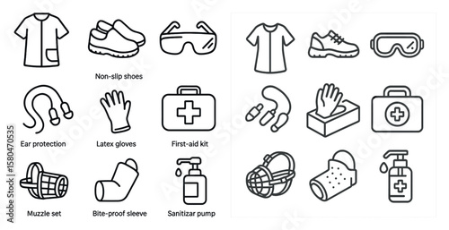 Set of icons for medical supplies and equipment. The icons include a first aid kit, a pair of safety goggles, a pair of gloves, and a bottle of hand sanitizer