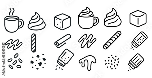 Series of food items are shown in a black and white style. The items include a cup of coffee, a sugar cube, a cinnamon stick, a waffle, a candy bar, and a salt shaker