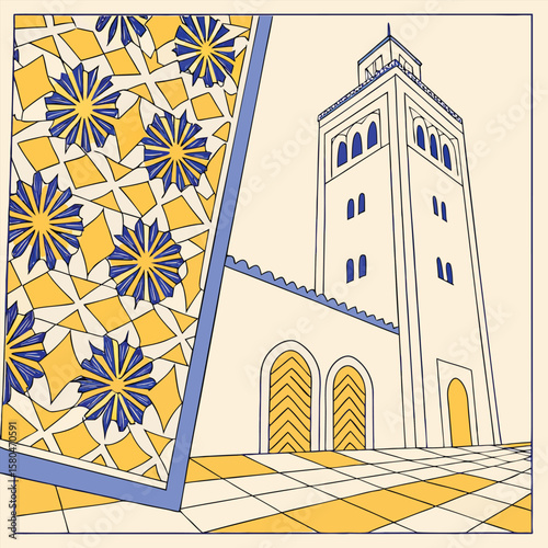Hassan ii mosque minaret and geometric patterns