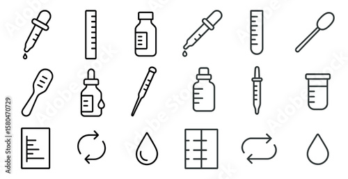 Set of medical instruments and tools, including a syringe, a dropper, and a ruler