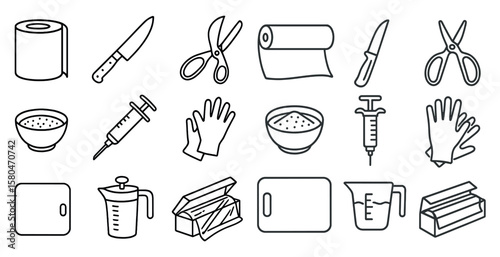 Set of kitchen tools and utensils are shown in a line drawing. Concept of organization and preparedness for cooking or baking. The various items, such as knives, scissors, bowls, and cups