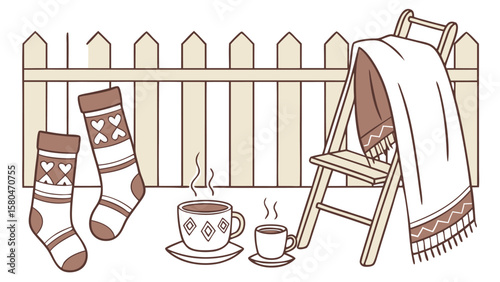 Illustration of socks, cups of hot drinks, and a blanket draped over a chair against a fence backdrop