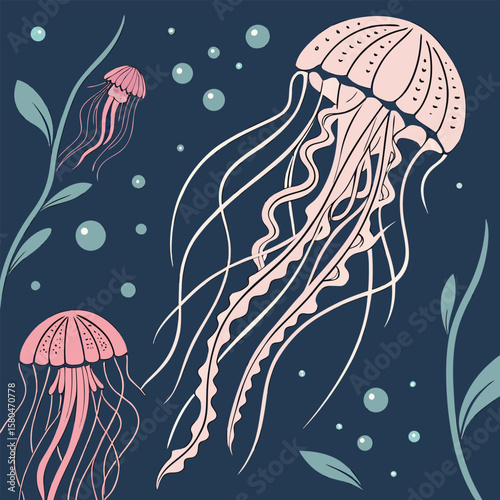 Pink jellyfish in deep blue sea