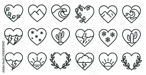 Collection of hearts with different designs and colors. Some of the hearts have leaves and mountains on them