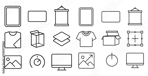 Collection of icons for various items such as a computer monitor, a box, a shirt, and a box