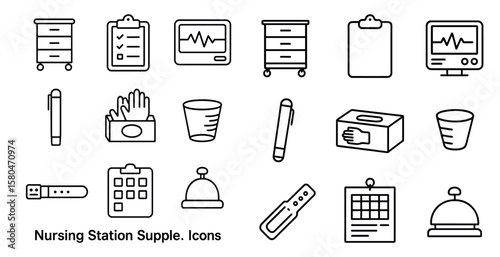 Nursing Station Supplies are a collection of icons that represent various items and tools used in a nursing station