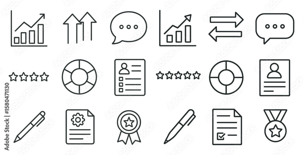 Collection of various icons, including a star, a pen, a piece of paper, a graph, and a person. These icons are arranged in a grid-like pattern, with some overlapping and others standing alone