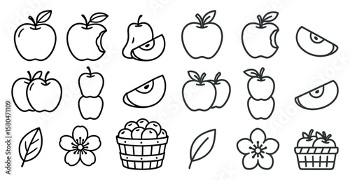 Collection of fruit and vegetables, including apples, pears, and peaches. The fruits are shown in various stages of consumption, with some already cut open and others still whole