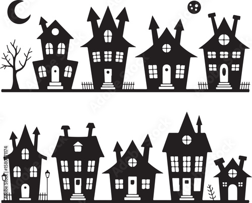 Spooky Haunted Halloween House Silhouette Vector

Scary Halloween House with Bats and Full Moon

Haunted Mansion Silhouette for Halloween Night

Creepy Abandoned House Halloween Vector Illustration

D