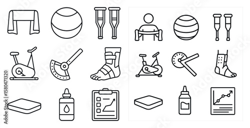 Collection of fitness and exercise related icons. The icons include a ball, a chair, a clock, a bottle, a cup, a bottle cap, a bottle, a ball, a ball, a ball, a ball, a ball