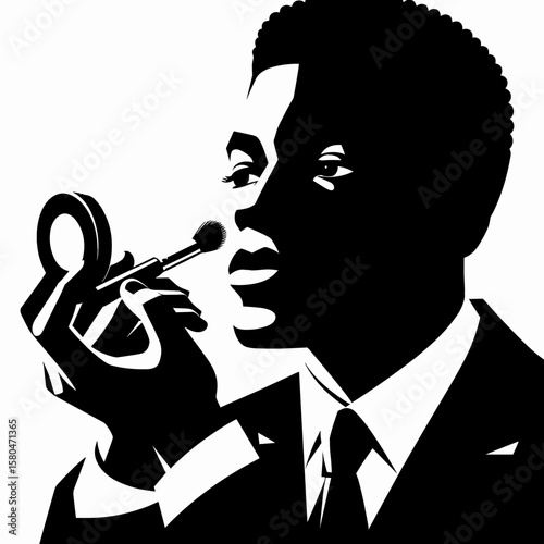 African American Business man applying makeup. Corporate Entrepreneurship Management Finance Marketing Clipart Line Art Vector Illustration. Black professional putting on face paint.