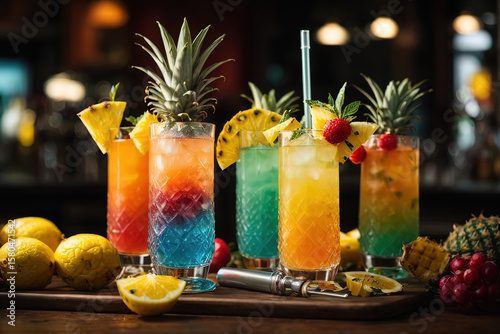 Refreshing colorful cocktails served in syringe handle glasses with pineapple flair