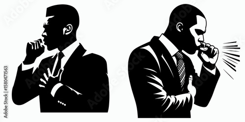 African American Business man Coughing into elbow. Corporate Entrepreneurship Management Finance Marketing Clipart Line Art Vector Illustration. Male entrepreneur of color with a dry throat.