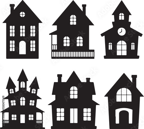Spooky Haunted Halloween House Silhouette Vector

Scary Halloween House with Bats and Full Moon

Haunted Mansion Silhouette for Halloween Night

Creepy Abandoned House Halloween Vector Illustration

D