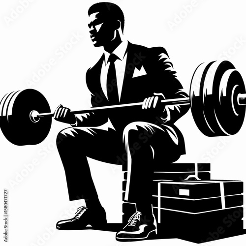 African American Business man exercising gym. Corporate Entrepreneurship Management Finance Marketing Clipart Line Art Vector Illustration. Black entrepreneur workout indoor fitness center.
