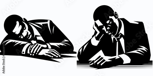 African American Business man Falling asleep. Corporate Entrepreneurship Management Finance Marketing Clipart Line Art Vector Illustration. Black entrepreneur dozing male executive.