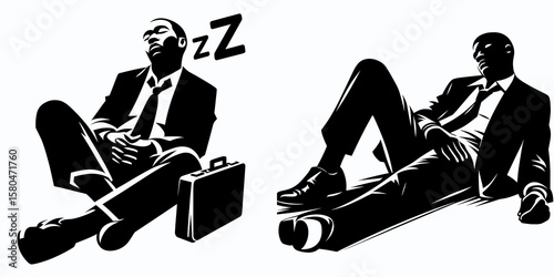 African American Business man Falling asleep. Corporate Entrepreneurship Management Finance Marketing Clipart Line Art Vector Illustration. Black entrepreneur feeling sleepy taking a quick.