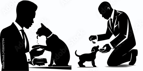 African American Business man Feeding pet. Corporate Entrepreneurship Management Finance Marketing Clipart Line Art Vector Illustration. Afro-descent entrepreneur tending to domestic animal.