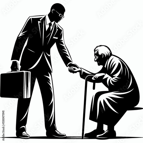 African American Business man helping elderly. Corporate Entrepreneurship Management Finance Marketing Clipart Line Art Vector Illustration. Mature citizen support from a black entrepreneur.