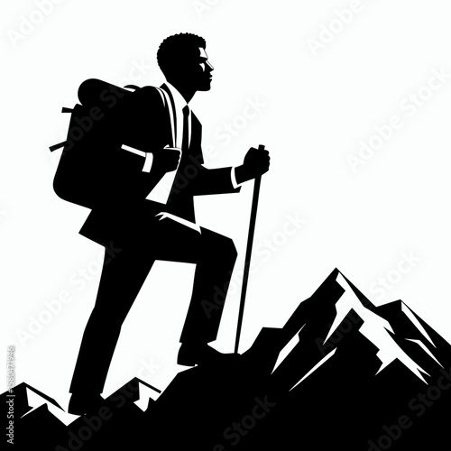 African American Business man hiking mountain. Corporate Entrepreneurship Management Finance Marketing Clipart Line Art Vector Illustration. Black entrepreneur trekking upland outdoor.