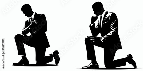 African American Business man Kneeling down. Corporate Entrepreneurship Management Finance Marketing Clipart Line Art Vector Illustration. Male of descent a commerce worker on one knee.