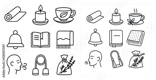 Collection of various objects, including a book, a cup, a blanket, a bell, and a candle. The objects are arranged in a way that suggests a cozy and relaxing atmosphere